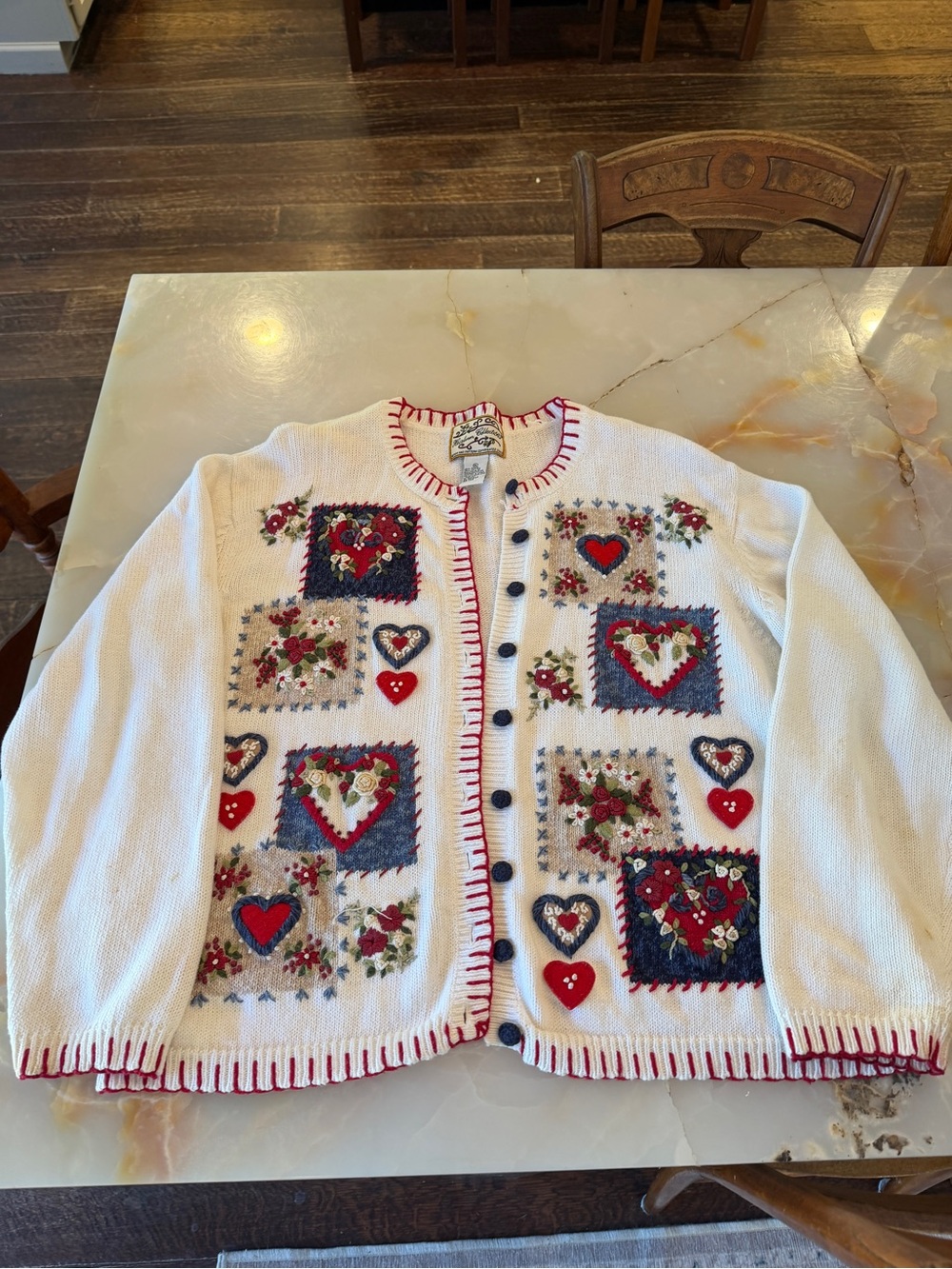 Vintage White Cardigan with Red and Navy Heart Patchwork